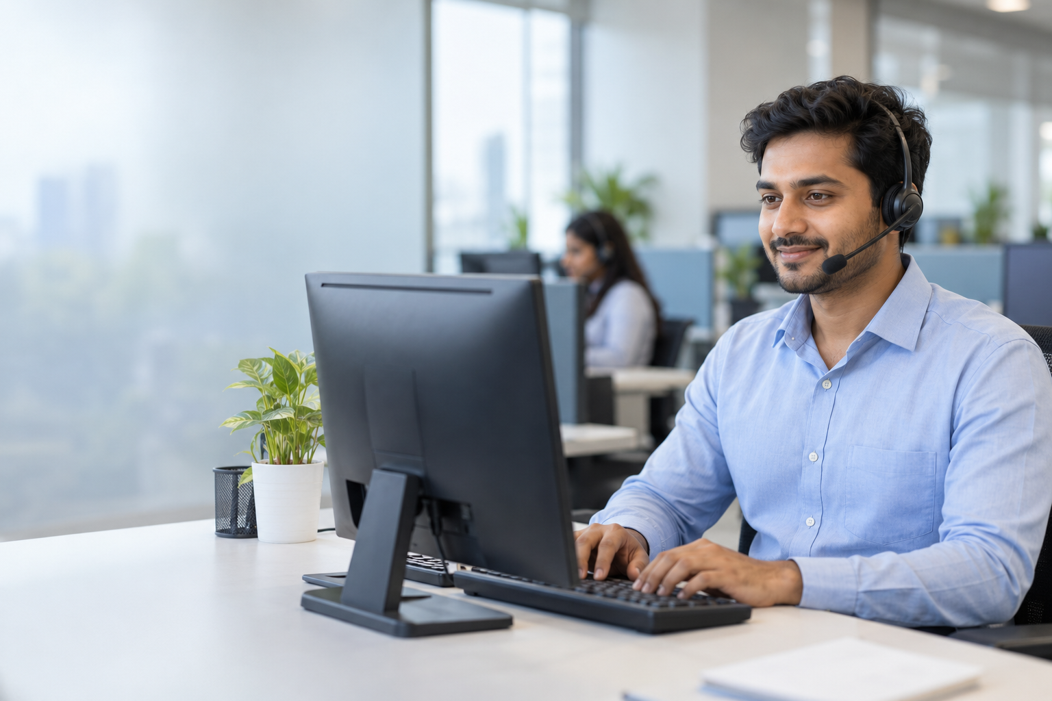 An Indian customer support professional wearing a headset and working at a call-center desk.
